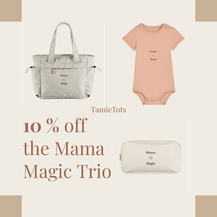 Mama Magic Trio gift set including embroidered tote bag, peach organic baby bodysuit, and matching accessory pouch – TamieTots UK exclusive.