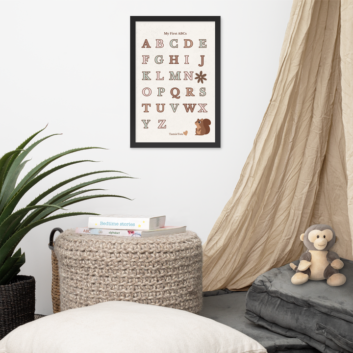 Framed alphabet print for nursery – My First ABCs by TamieTots

Woodland-themed ABC poster with squirrel illustration

Gender-neutral wall art for baby’s room or toddler playroom