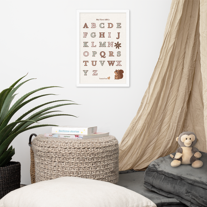 Framed alphabet print for nursery – My First ABCs by TamieTots

Woodland-themed ABC poster with squirrel illustration

Gender-neutral wall art for baby’s room or toddler playroom
