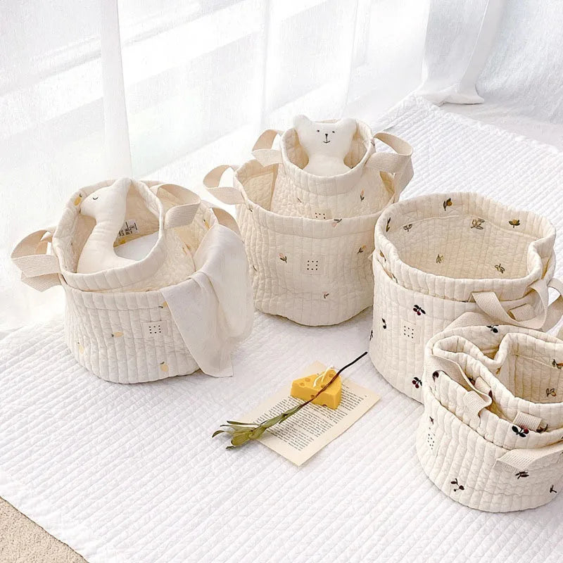 Beige Cotton Embroidery Baby Storage Basket