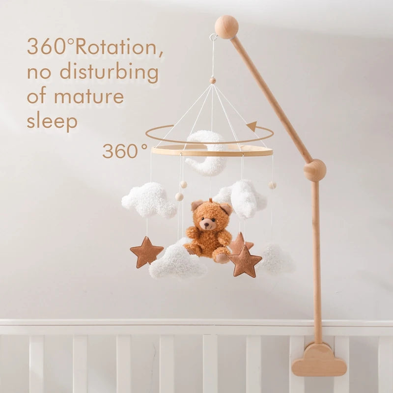 Wooden Crib Mobile – Soft Felt Bear Hanging Toy with Music Box