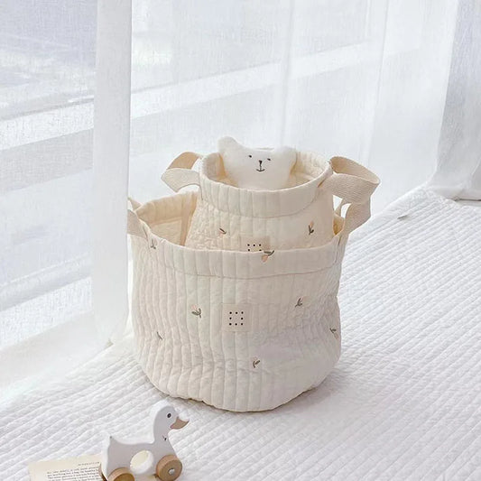 Beige Cotton Embroidery Baby Storage Basket