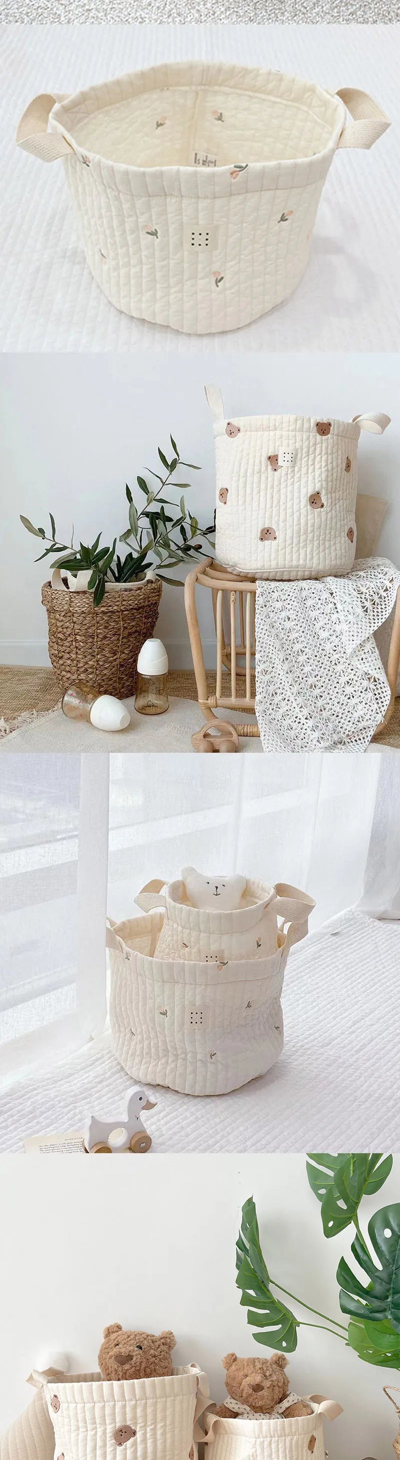 Beige Cotton Embroidery Baby Storage Basket