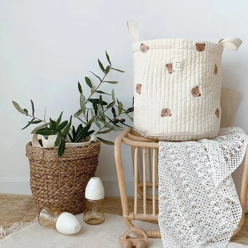 Beige Cotton Embroidery Baby Storage Basket