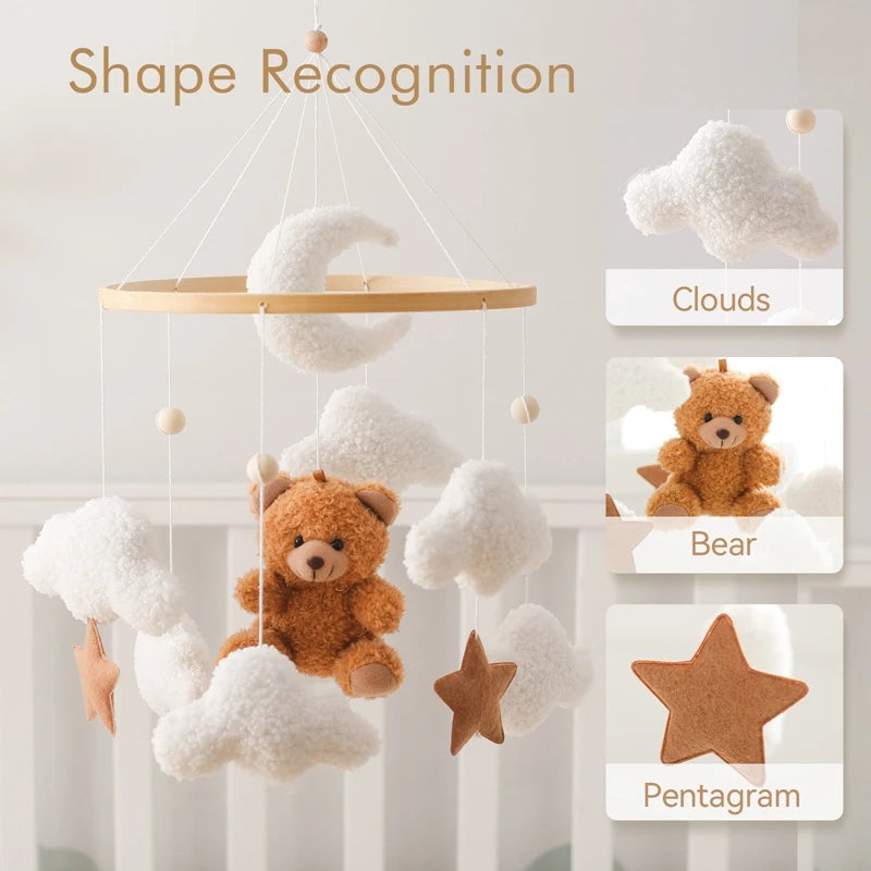 Wooden Crib Mobile – Soft Felt Bear Hanging Toy with Music Box