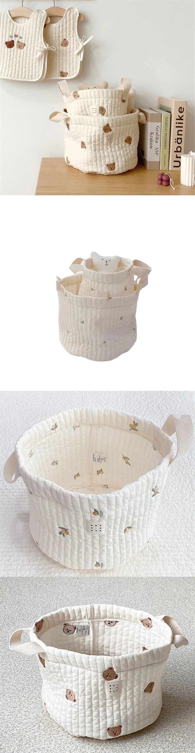 Beige Cotton Embroidery Baby Storage Basket