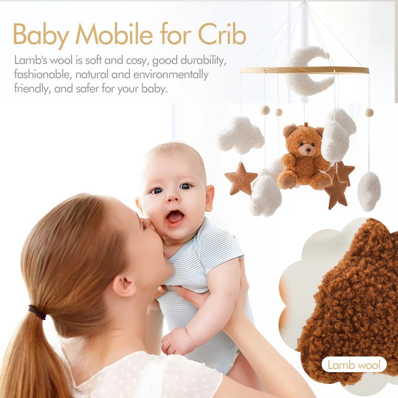 Wooden Crib Mobile – Soft Felt Bear Hanging Toy with Music Box