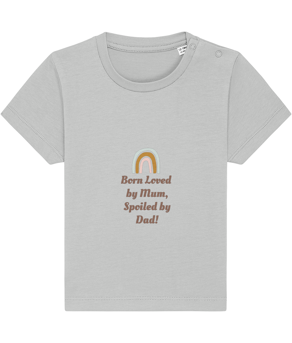 Born loved by Mum, Spoiled by Dad organic baby bodysuit by TamieTots – UK made

Slogan babywear gift in 155gsm organic cotton – soft and sentimental

Emotional message baby bodysuit – perfect new baby gift