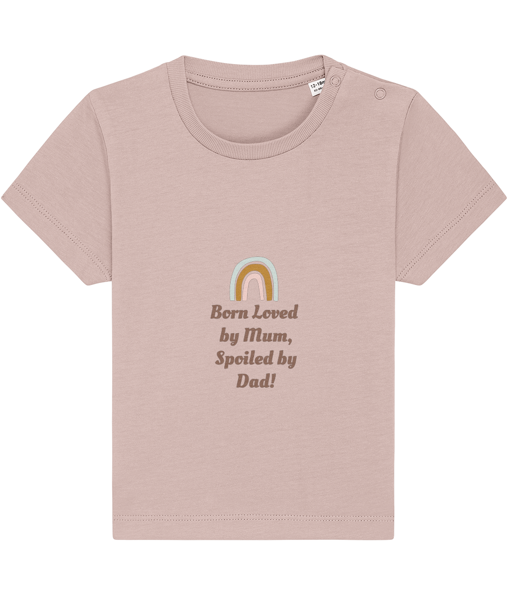 Born loved by Mum, Spoiled by Dad organic baby bodysuit by TamieTots – UK made

Slogan babywear gift in 155gsm organic cotton – soft and sentimental

Emotional message baby bodysuit – perfect new baby gift