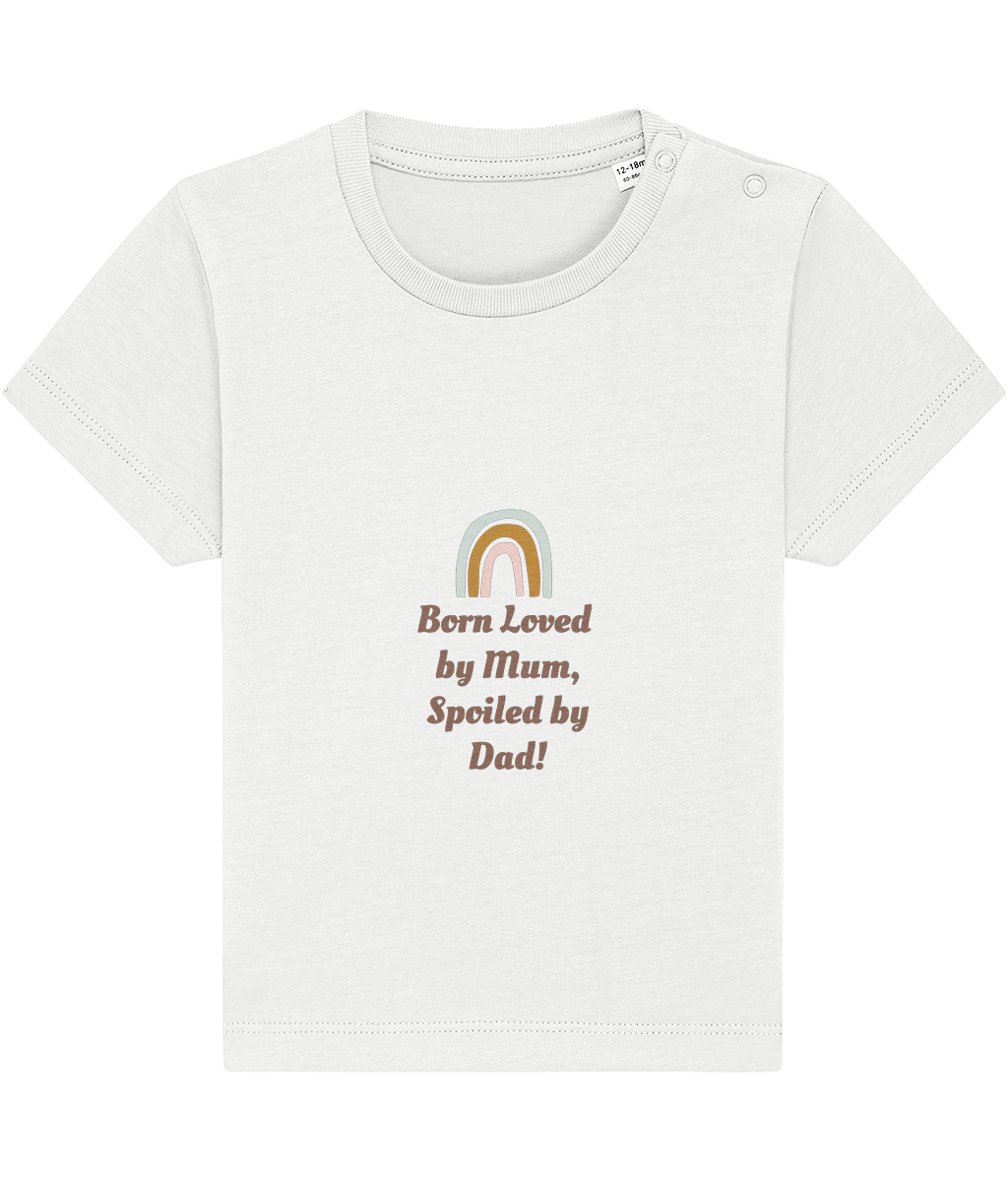 Born loved by Mum, Spoiled by Dad organic baby bodysuit by TamieTots – UK made

Slogan babywear gift in 155gsm organic cotton – soft and sentimental

Emotional message baby bodysuit – perfect new baby gift