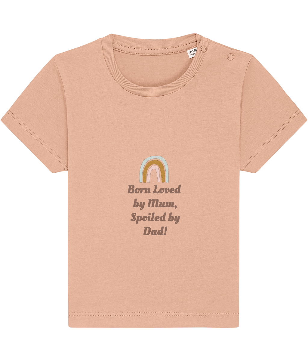 Born loved by Mum, Spoiled by Dad organic baby bodysuit by TamieTots – UK made

Slogan babywear gift in 155gsm organic cotton – soft and sentimental

Emotional message baby bodysuit – perfect new baby gift
