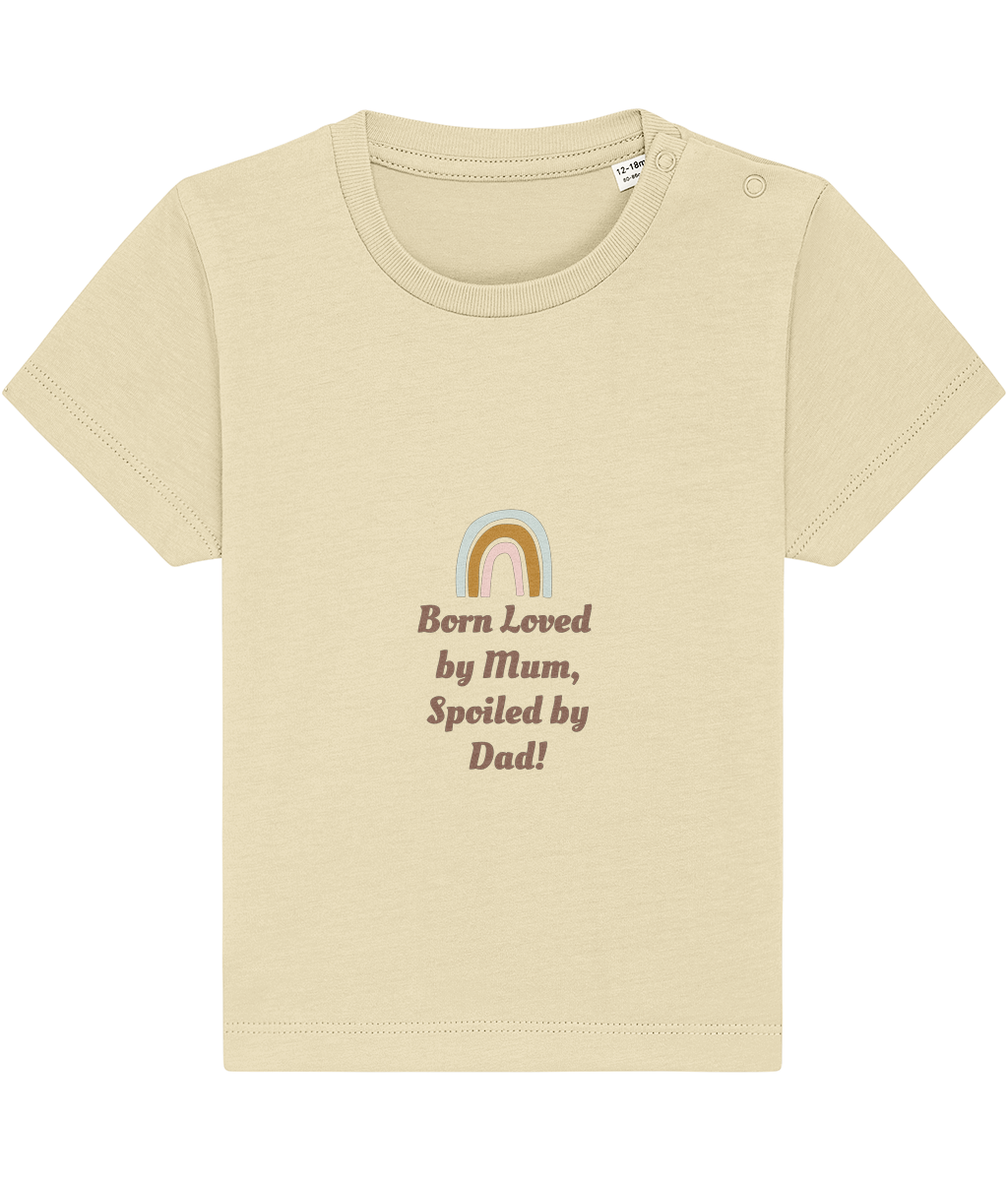 Born loved by Mum, Spoiled by Dad organic baby bodysuit by TamieTots – UK made

Slogan babywear gift in 155gsm organic cotton – soft and sentimental

Emotional message baby bodysuit – perfect new baby gift